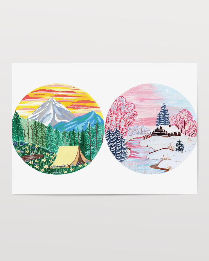 Two circular nature illustrations: one with a tent in a forest, the other depicting a snowy winter cabin, created by Little Berries Studio.