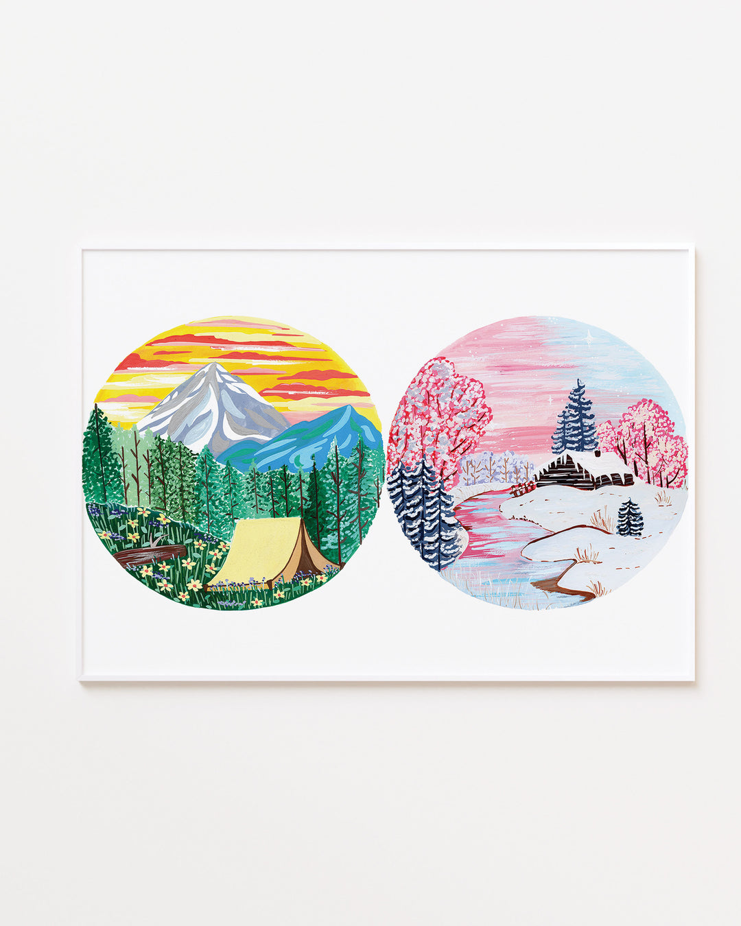 White Framed two circular nature illustrations: one with a tent in a forest, the other depicting a snowy winter cabin, created by Little Berries Studio.