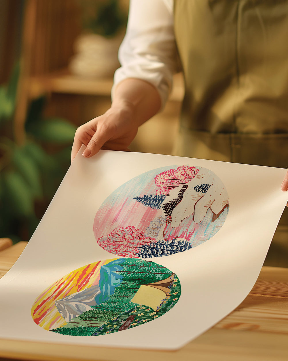 An Archival Art Print of two circular nature illustrations: one with a tent in a forest, the other depicting a snowy winter cabin, created by Little Berries Studio.