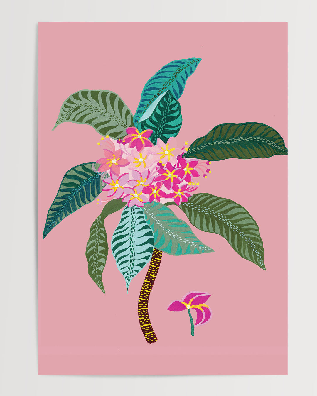 'Tropical Bloom' Art Print, featuring vivid floral patterns set against a soft pink background.