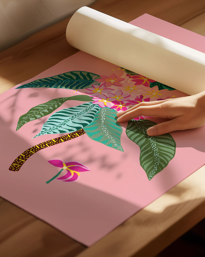 An Archival Art Print titled 'Tropical Bloom', featuring vivid floral patterns set against a soft pink background.