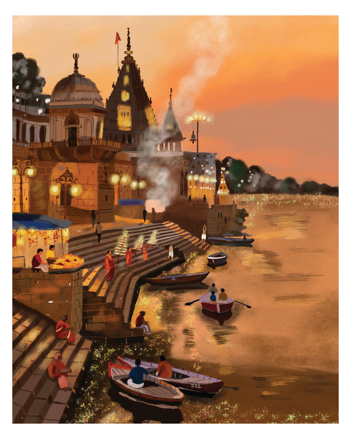 Temple by a Varanasi ghat with people and boats at sunset