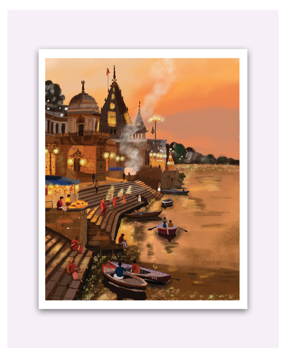Art print of a Varanasi ghat by a river with people and boats at sunset.