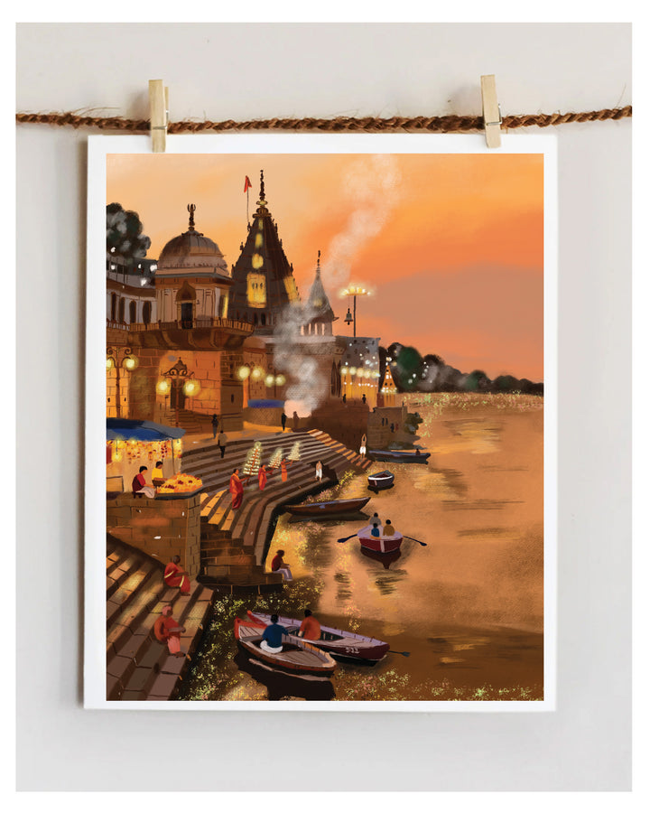 Artwork of a Varanasi ghat scene with boats and buildings at sunset.