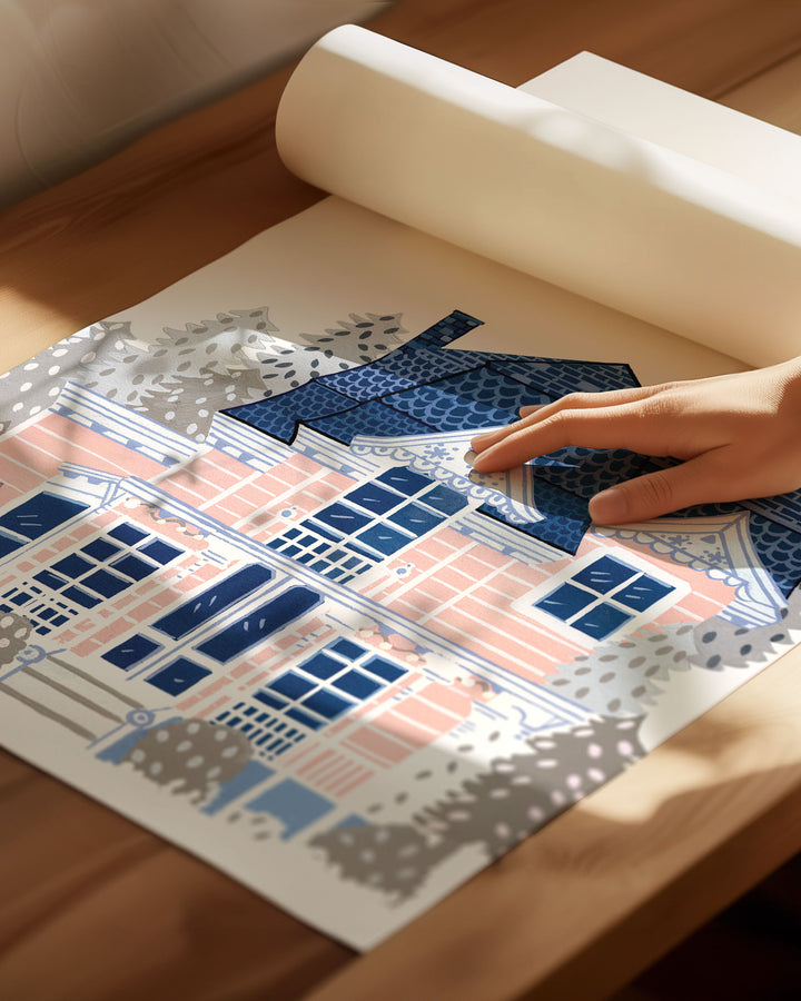 An Archival Art Print of a Victorian-style house enveloped in a serene winter setting, created by Little Berries Studio.