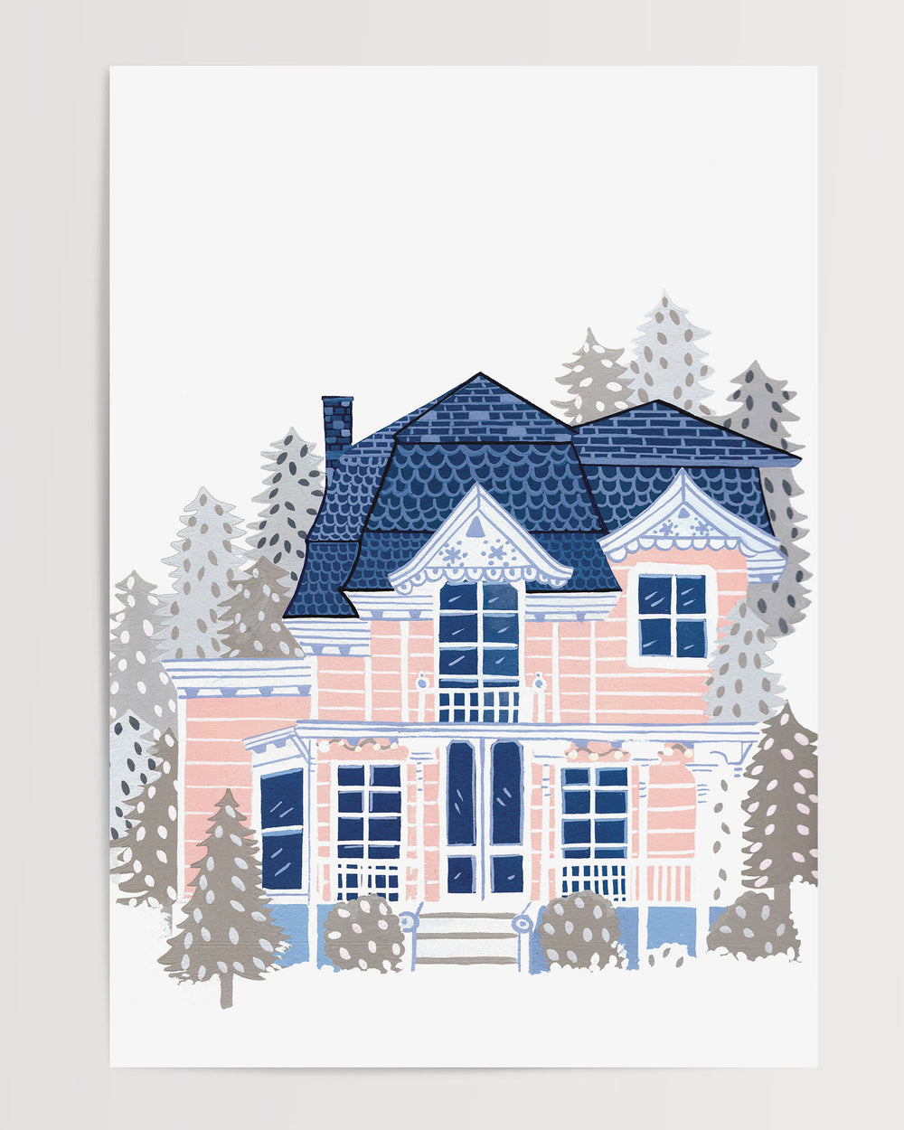 Its an Art Print of a Victorian-style house enveloped in a serene winter setting, created by Little Berries Studio.