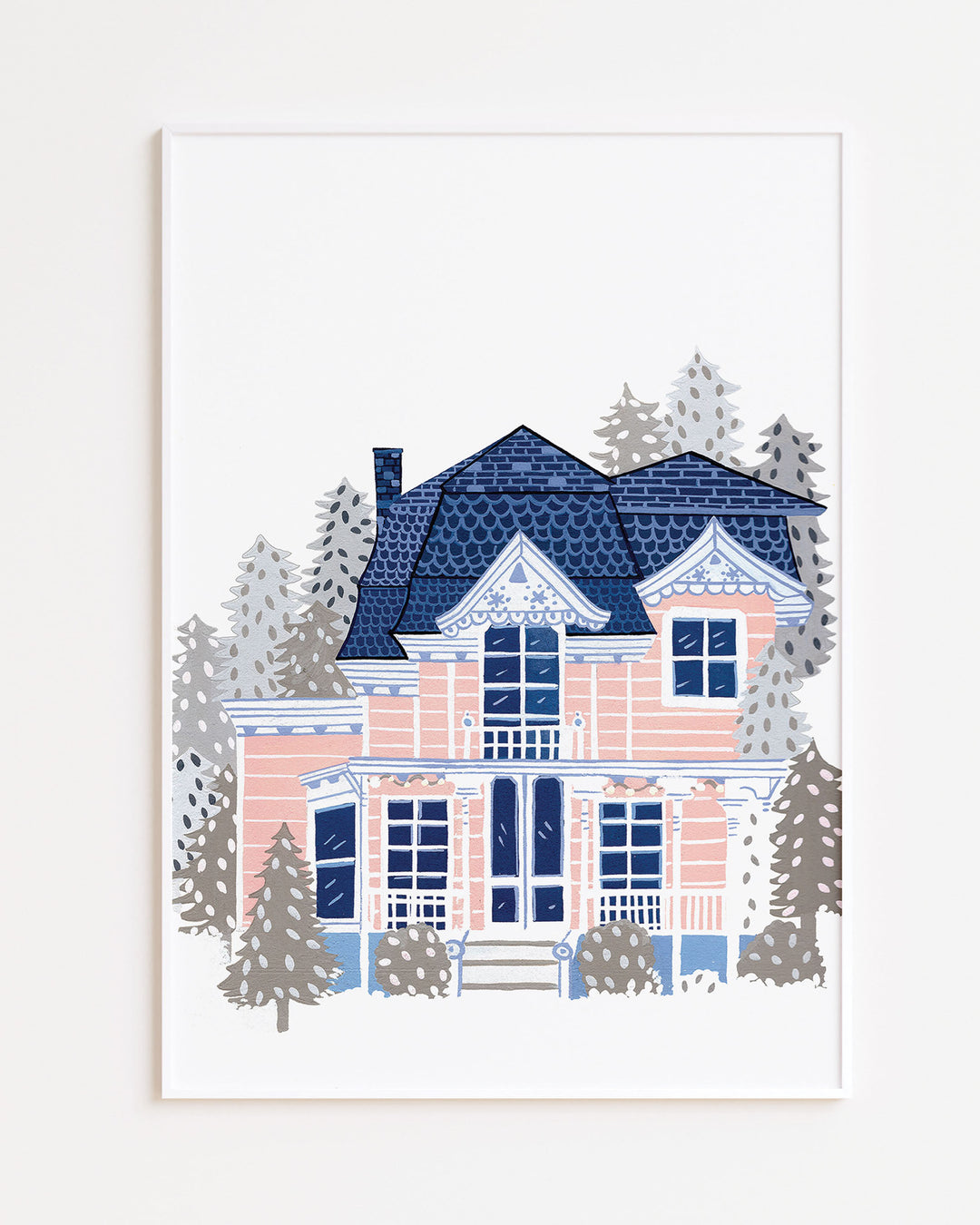 White Framed Artwork of a Victorian-style house enveloped in a serene winter setting, created by Little Berries Studio.