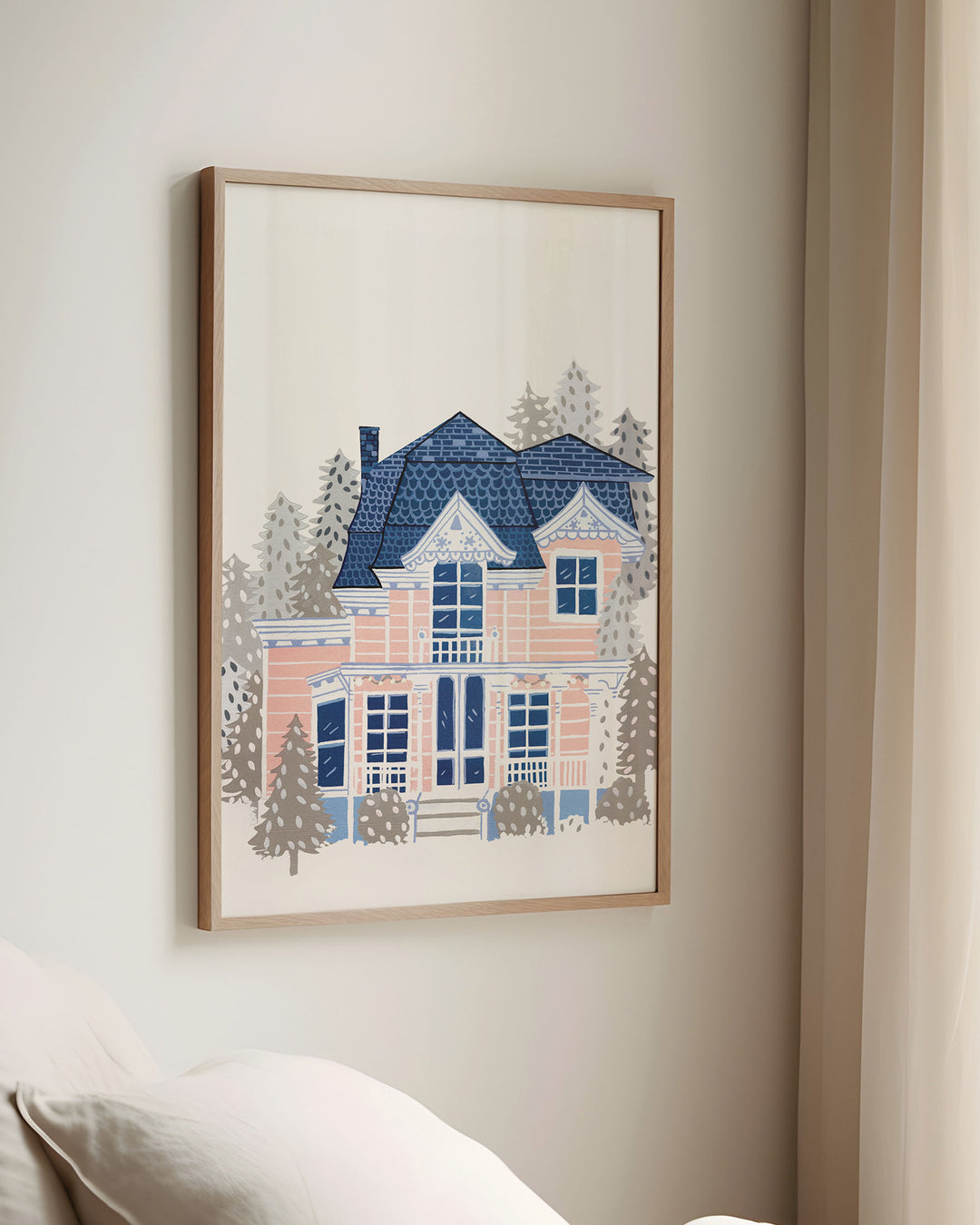 Framed Artwork of a Victorian-style house enveloped in a serene winter setting, created by Little Berries Studio.