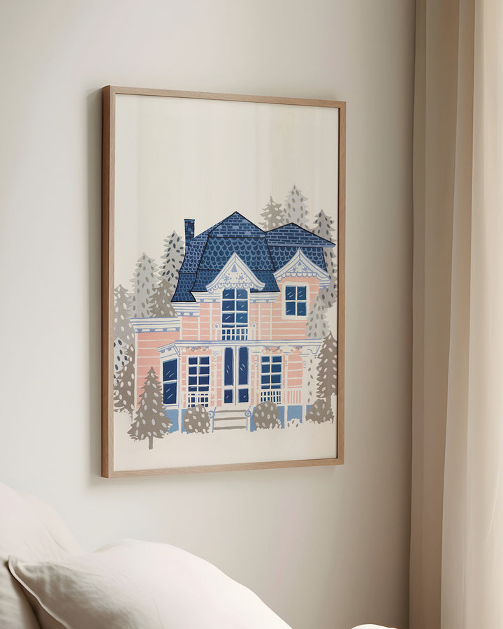 Framed Artwork of a Victorian-style house enveloped in a serene winter setting, created by Little Berries Studio.