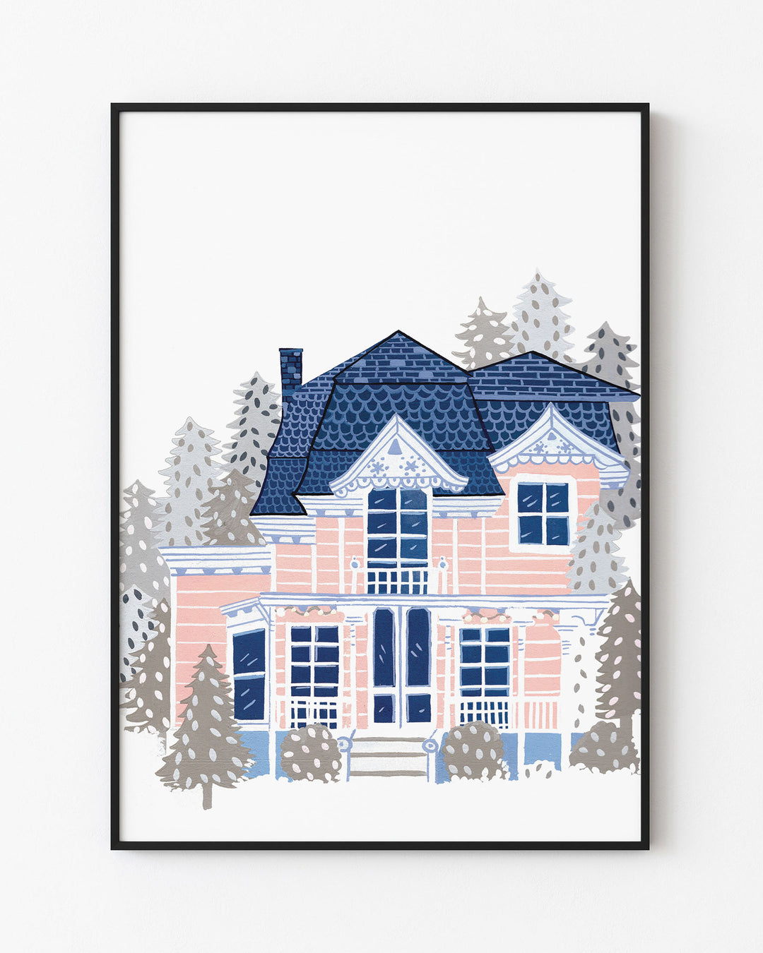 Black Framed Artwork of a Victorian-style house enveloped in a serene winter setting, created by Little Berries Studio.