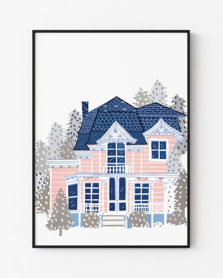 Black Framed Artwork of a Victorian-style house enveloped in a serene winter setting, created by Little Berries Studio.