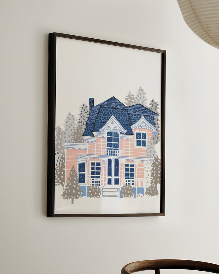 Ready-to-Hang Framed Artwork of a Victorian-style house enveloped in a serene winter setting, created by Little Berries Studio.