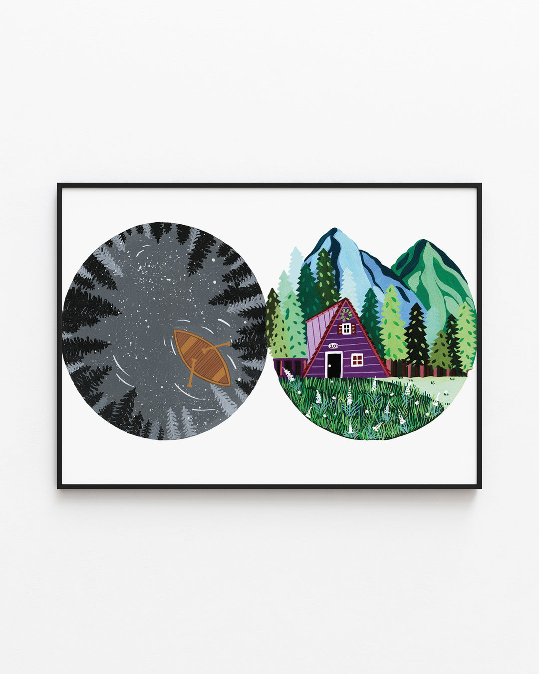 Black Framed Artwork of two circular nature illustrations: one showing a boat in a dark lake surrounded by trees at night, the other with a cosy cabin in the mountains with lush greenery.