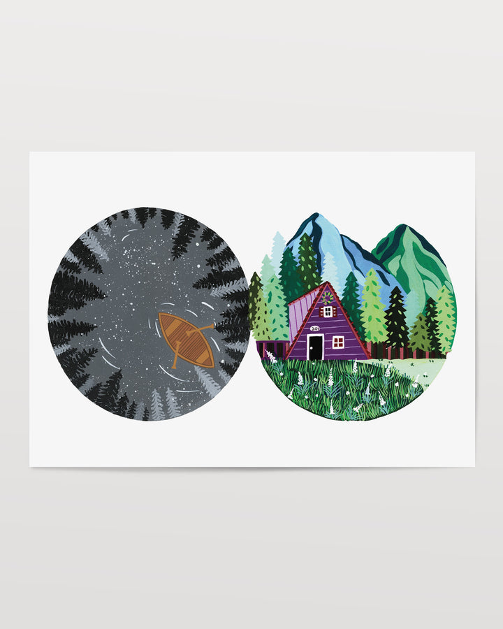 Two circular nature illustrations: one showing a boat in a dark lake surrounded by trees at night, the other with a cosy cabin in the mountains with lush greenery.
