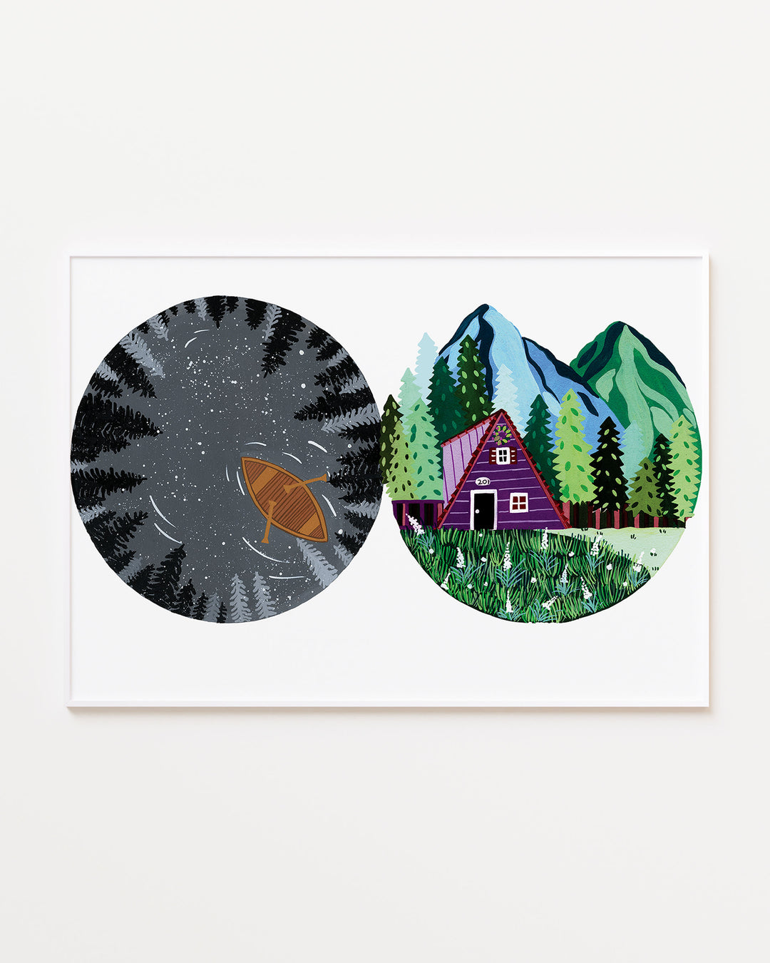 White Framed Artwork of two circular nature illustrations: one showing a boat in a dark lake surrounded by trees at night, the other with a cosy cabin in the mountains with lush greenery.