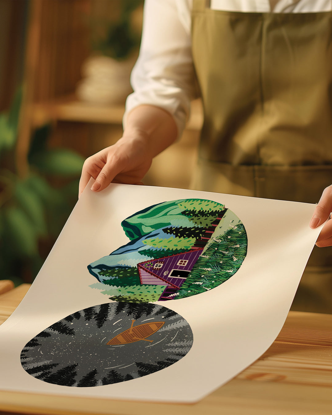 An Archival Print of two circular nature illustrations: one showing a boat in a dark lake surrounded by trees at night, the other with a cosy cabin in the mountains with lush greenery.