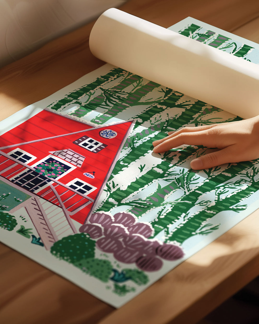 An Archival Print "Woodland Hideaway" features a charming red A-frame cabin nestled amidst a dense stand of birch trees.