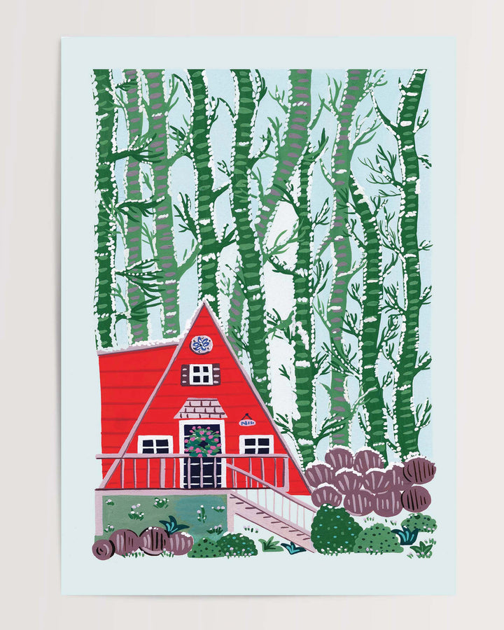 The enchanting Art Print, "Woodland Hideaway" features a charming red A-frame cabin nestled amidst a dense stand of birch trees.