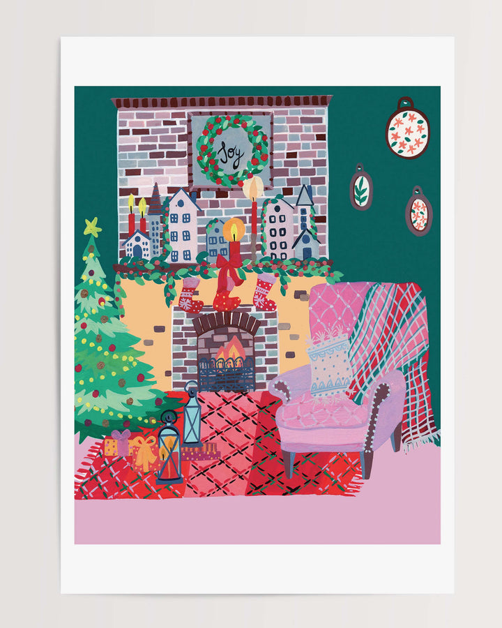 Illustration of a cozy holiday living room with a decorated Christmas tree, stockings hanging over a brick fireplace, a wreath with 'Joy' above the mantel, and a comfy armchair with a pink and red plaid rug.